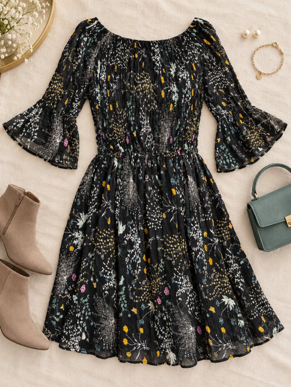 Yumi UK Black Floral Midi Dress with Yellow & Teal Accents Size 12 Fairy core